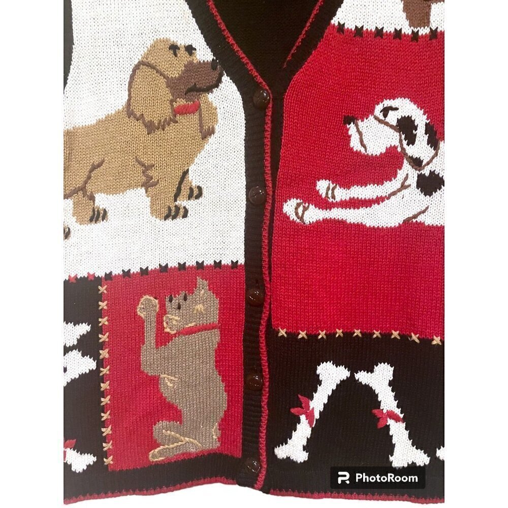 Vintage Sweater Vest L Cardigan Animals Dogs Dachsund Dalmation Scottie Mastiff - Picture 3 of 7